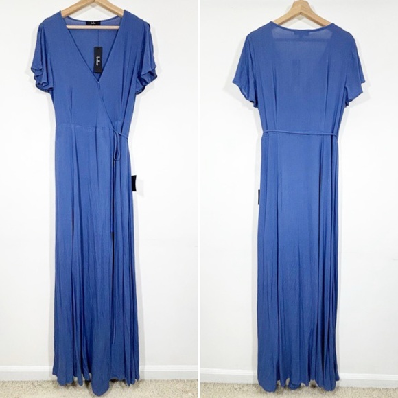 NWT Lulus Heart Of Marigold Wrap Maxi Dress Fluttering Sleeves Blue Sz L - Picture 3 of 16